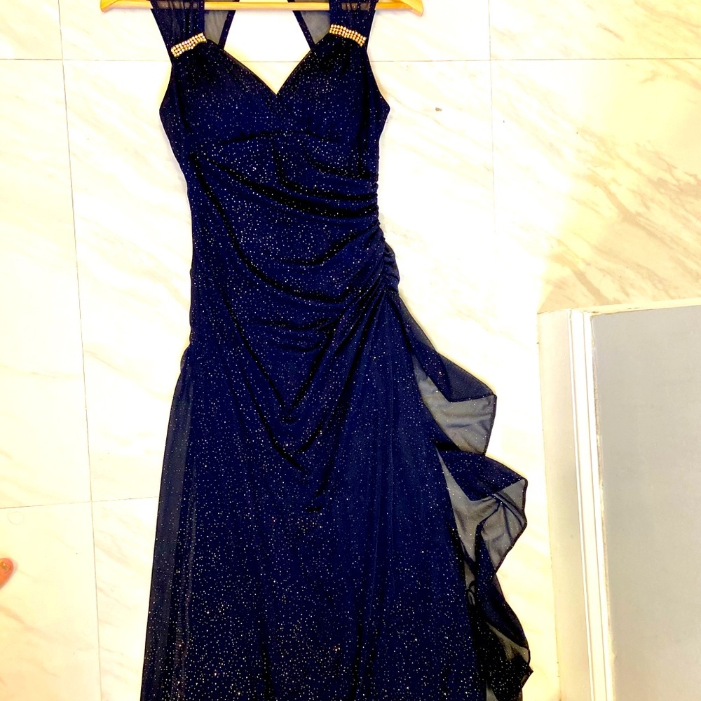 Navy blue and gold long formal dress. Worn once. Size 3. Shimmery with gold sequ